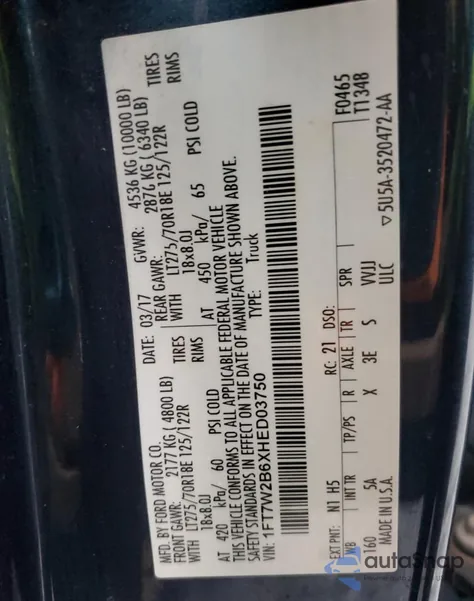 2017 Ford F250 Super Duty из США, поврежденный, VIN 1FT7W2B6XHED03750